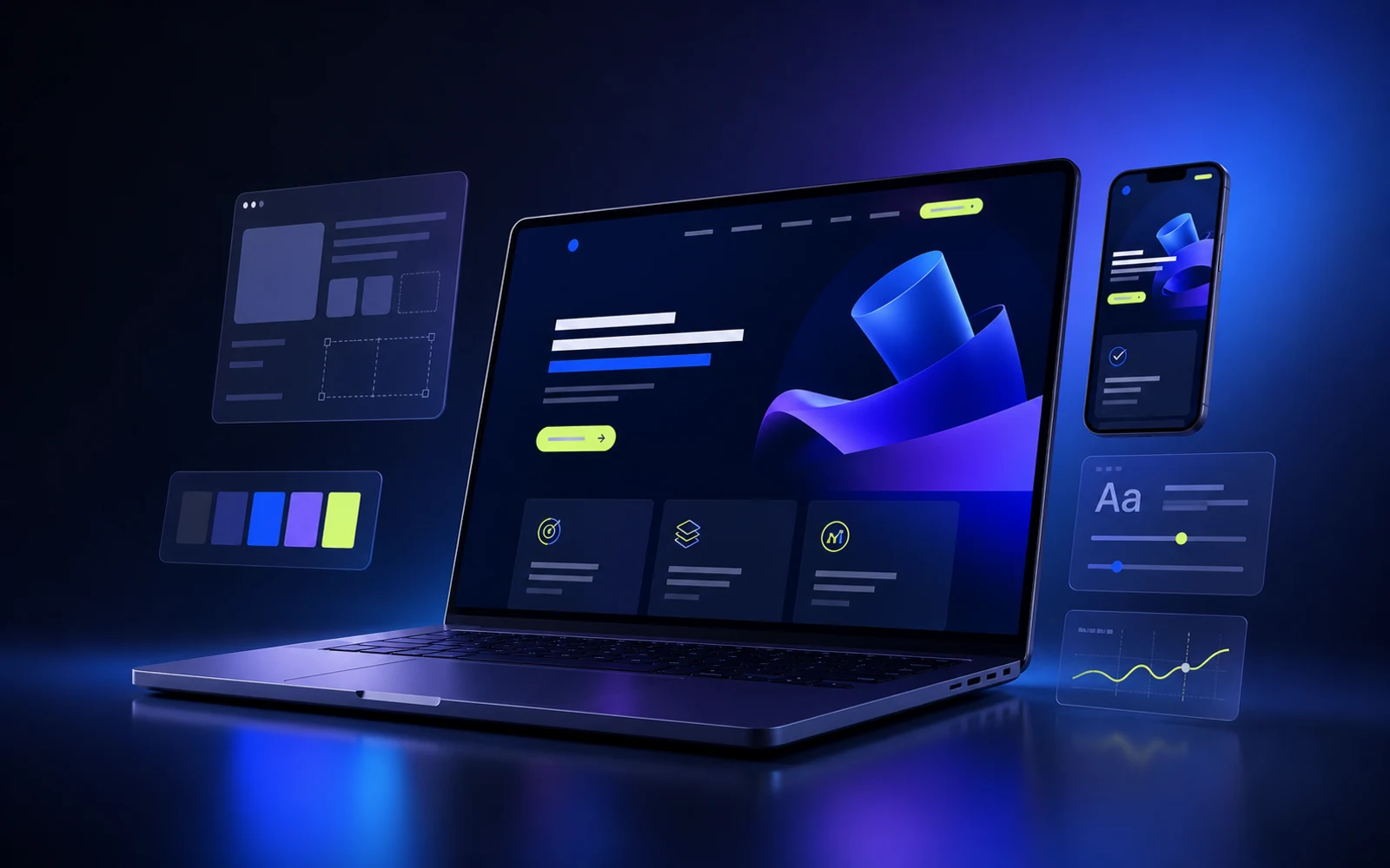 Diseño web responsive premium mostrado en una laptop, un teléfono y módulos visuales de interfaz
